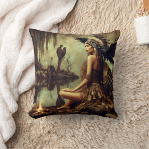 Native American Woman With Raven By A Campfire Throw Pillow