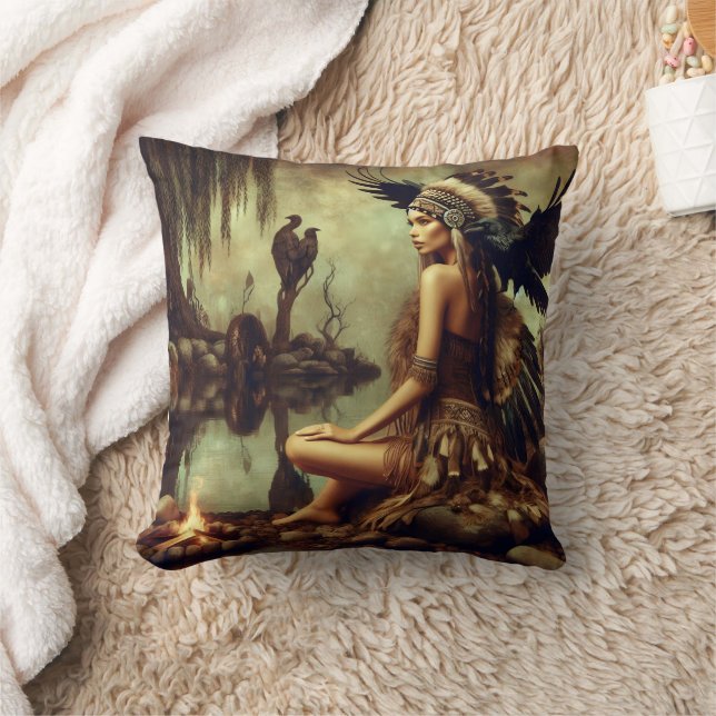 Native American Woman With Raven By A Campfire Throw Pillow (Blanket)