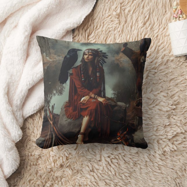 Native American Woman With Raven by Calm River Throw Pillow (Blanket)