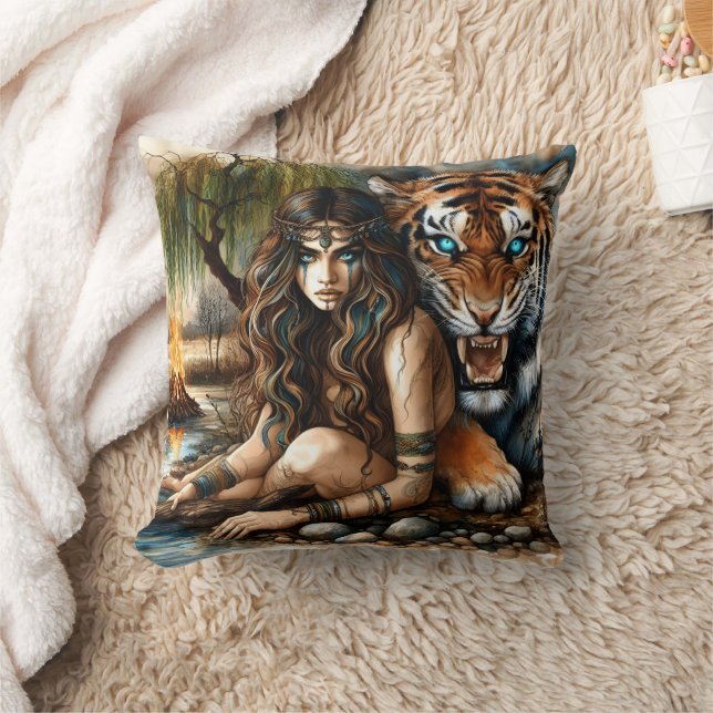 Native American Woman With Tiger by a River Throw Pillow (Blanket)
