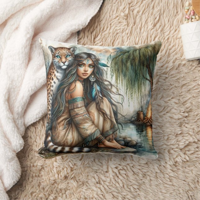 Native American Woman With Tiger by Calm Water Throw Pillow (Blanket)
