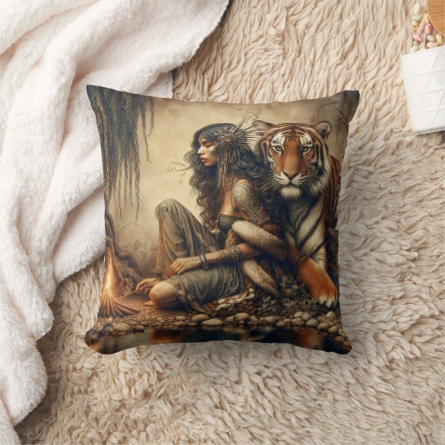 Native American Woman With Tiger By Campfire Throw Pillow (Blanket)