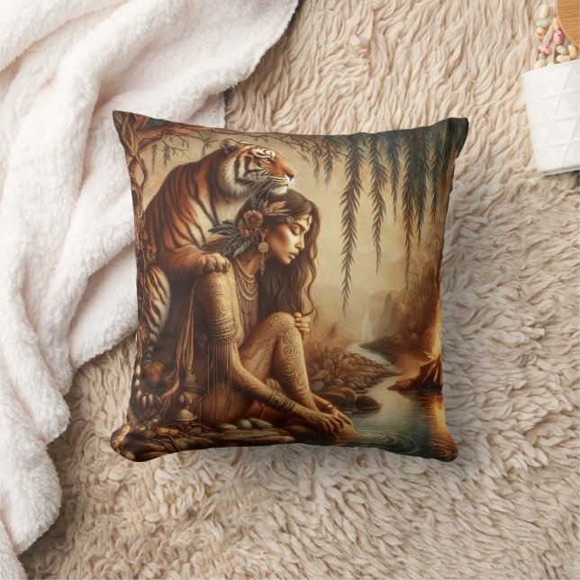 Native American Woman With Tiger by River at Dusk Throw Pillow (Blanket)