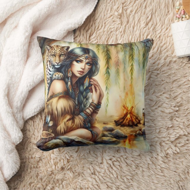 Native American Woman With Tiger by Riverbank Throw Pillow (Blanket)