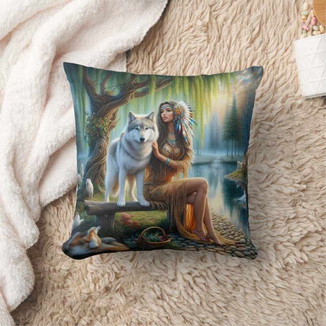 Native American Woman With Wolf By Calm Riverbank Throw Pillow (Blanket)