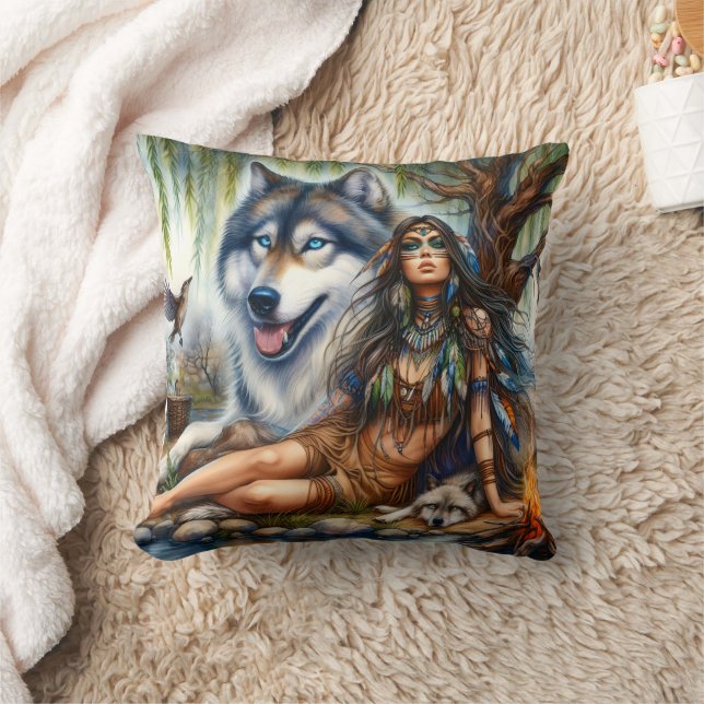 Native American Woman With Wolf By The River Throw Pillow (Blanket)
