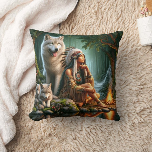 Native American Woman With Wolves by Fire Throw Pillow (Blanket)