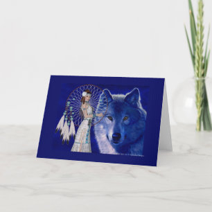 Native American Woman & Wolf Blank Greeting Card