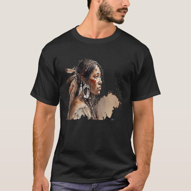 Native American Woman's face watercolor T-Shirt (Front)