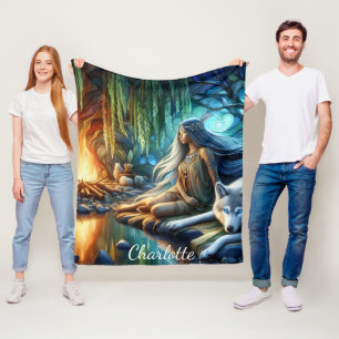 Native and wolf by water Tranquil scene Fleece Blanket