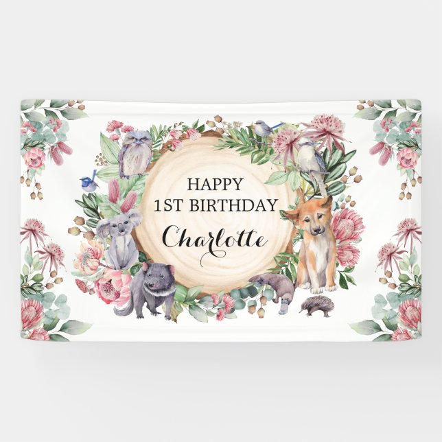 Native Australian Animals Floral Happy Birthday Banner (Horizontal)