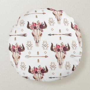 Native bull skul and arrows tribal seamless patter round pillow
