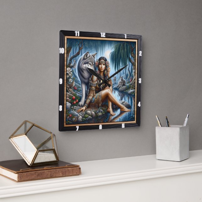 Native Echoes: Fire Dance Night Dream Square Wall Clock (Office)