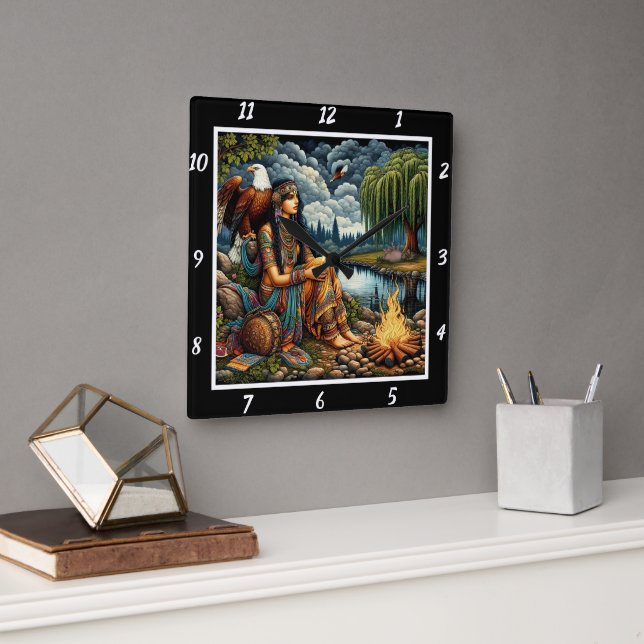 Native Evenings: Eagle's Watch Willow's Murmur Square Wall Clock (Office)