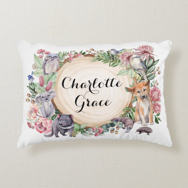 Native Floral Australian Animals Girl Nursery Accent Pillow (Front)
