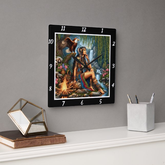 Native Heights: Eagle's Ascent River's Bend Square Wall Clock (Office)