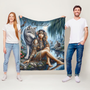 Native Indian and wolf share moonlight Fleece Blanket