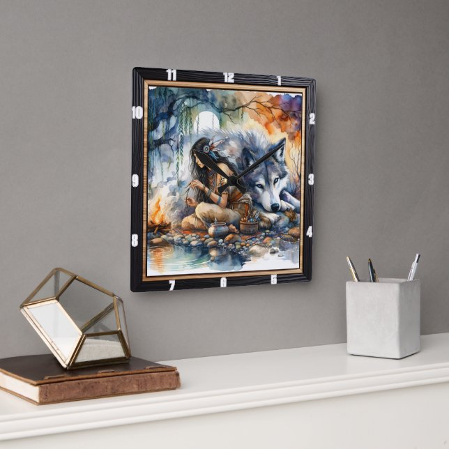 Native Indian Dream: River of Reflections Square Wall Clock (Office)