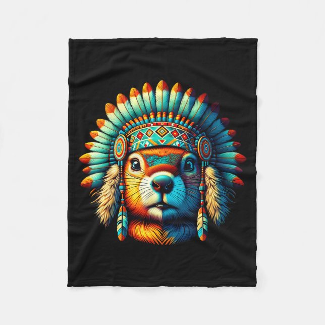 Native Indian Groundhog Native American Indian Fea Fleece Blanket (Front)