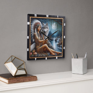 Native Indian River Time: The Protector's Gaze Square Wall Clock