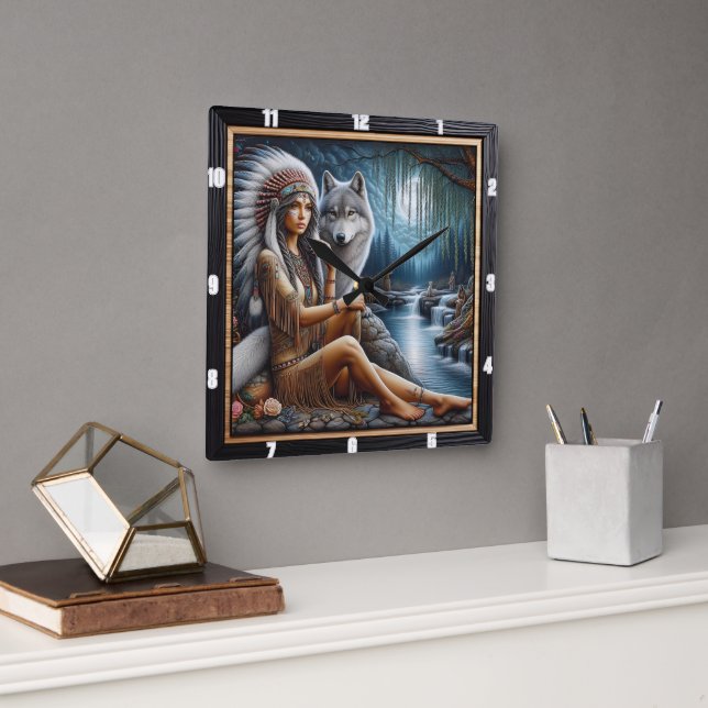 Native Indian River Time: The Protector's Gaze Square Wall Clock (Office)