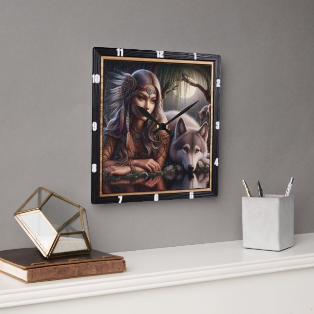 Native Indian Sanctuary: The Wolf's Watch Square Wall Clock (Office)
