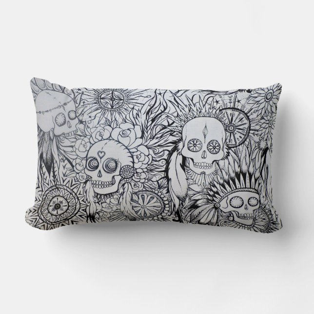 native indian skull, feathers & flowers cushion (Front)