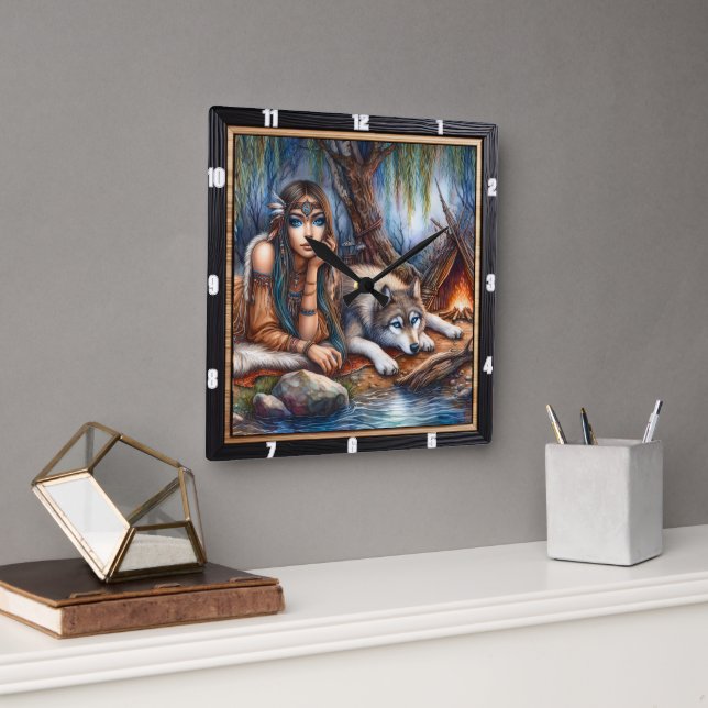 Native Indian Timekeeper: Wolf and Maiden's Glade Square Wall Clock (Office)