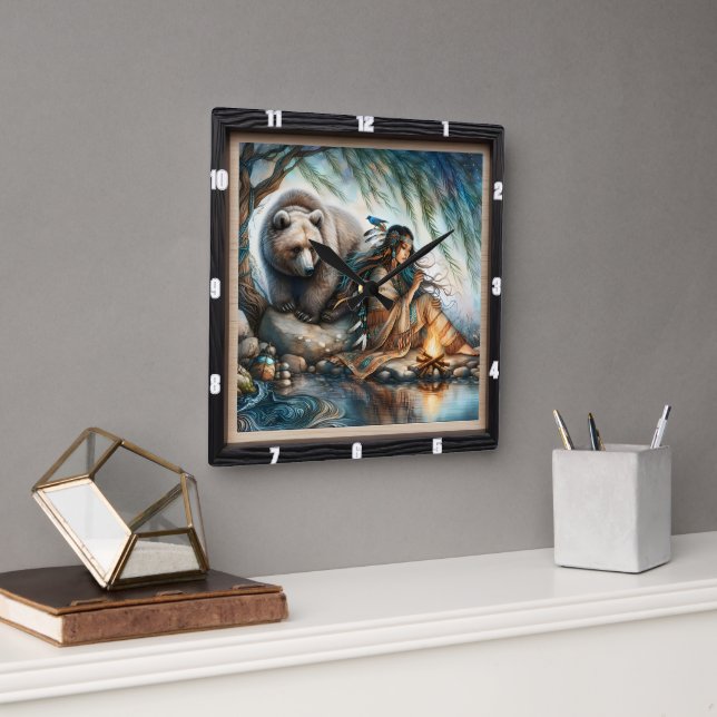 Native Indian Woman Bear Nature Square Wall Clock (Office)