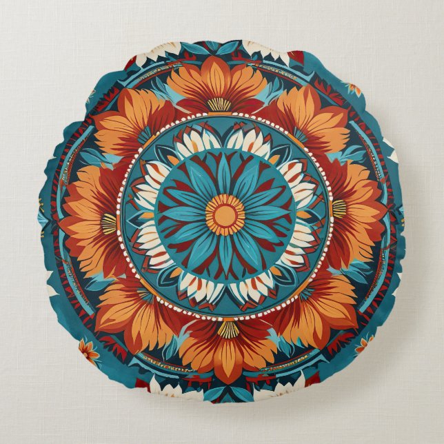 Native inspired floral abstract round pillow (Front)