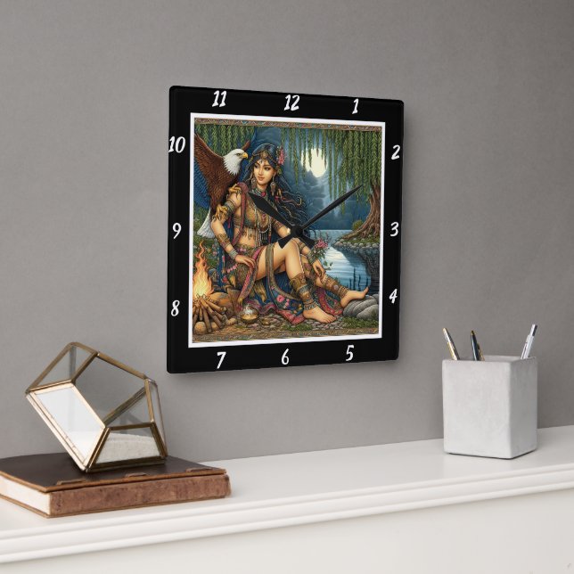 Native Nights: Eagle's Shadow Star's Brilliance Square Wall Clock (Office)