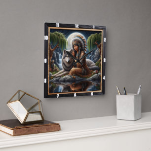Native Peace: Silver Moon Forest Dream Square Wall Clock