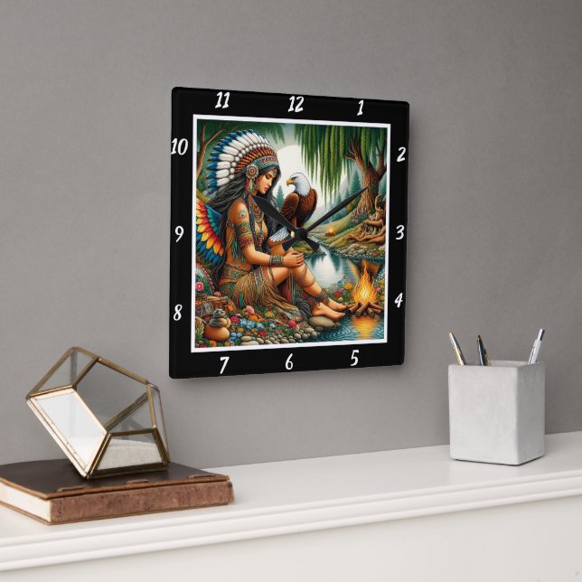 Native Peaks: Eagle's Ascent Forest's Whisper Square Wall Clock (Office)