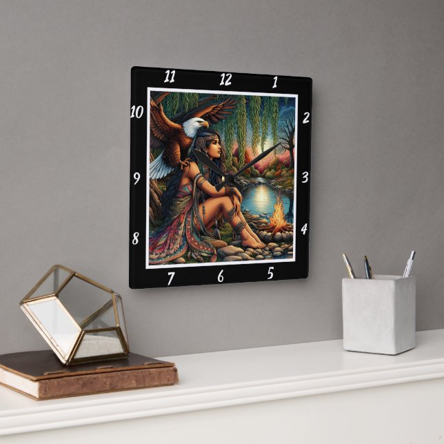 Native Shadows: Eagle's Form Star's Dance Square Wall Clock (Office)