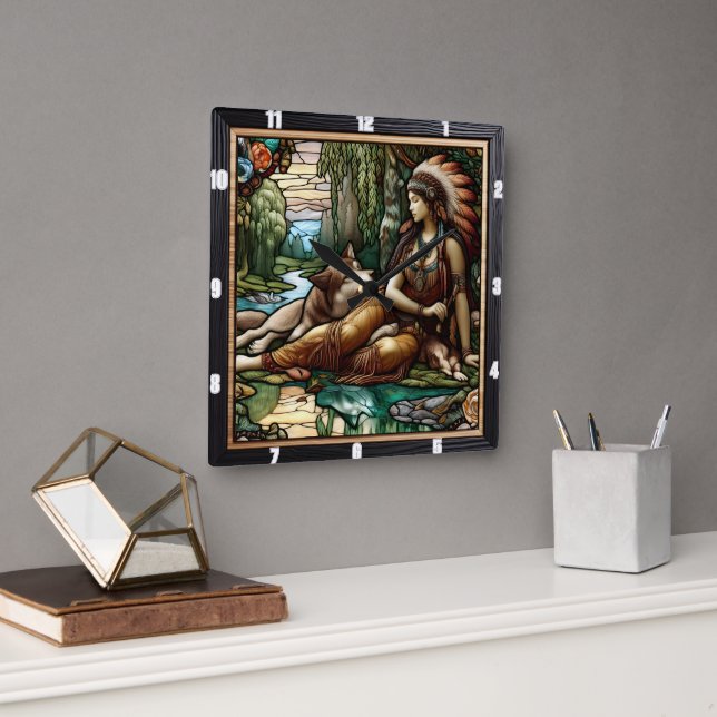 Native Starlight: Forest Shadows Silent Wolf Square Wall Clock (Office)