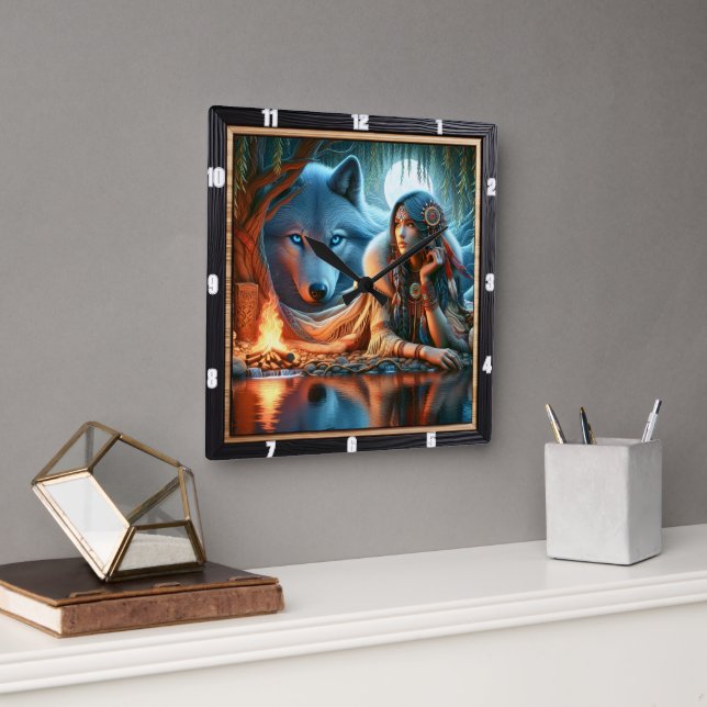 Native Stillness: River's Edge Twilight Calm Square Wall Clock (Office)