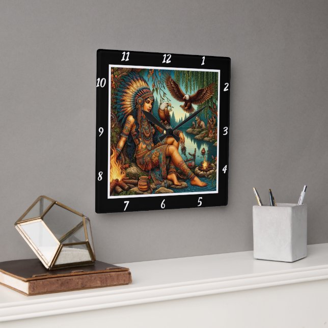 Native Sunrise: Eagle's Call Forest's Light Square Wall Clock (Office)