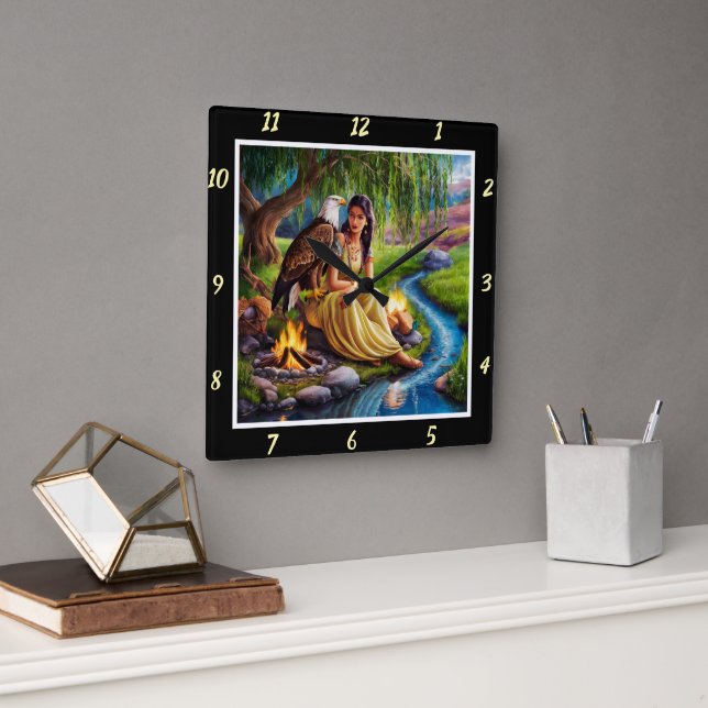 Native Trails: Eagle's Tracks Willow's Whisper Square Wall Clock (Office)