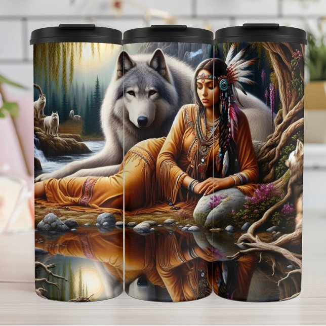 Native Tranquil Reflection, Woman and Wolves. Thermal Tumbler (Creator Uploaded)