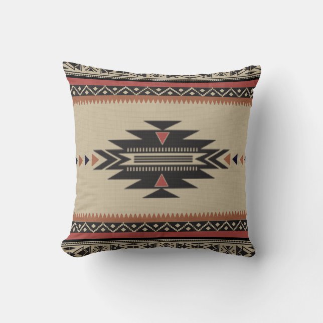 Native Tribal Woven Pattern in Browns, Black, Rust Throw Pillow (Front)