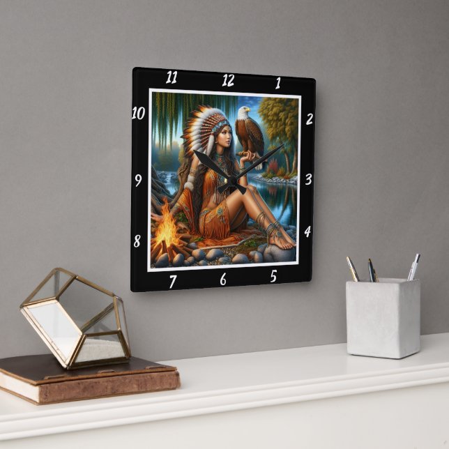 Native Vision: Eagle's Eyes Mountain's Mist Square Wall Clock (Office)