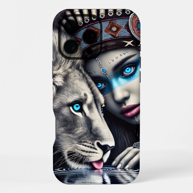 Native Warrior and Lion Under Moonlight iPhone Case (Back)