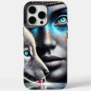 Native Warrior and Wolf Under Moonlight iPhone 16 Pro Max Case