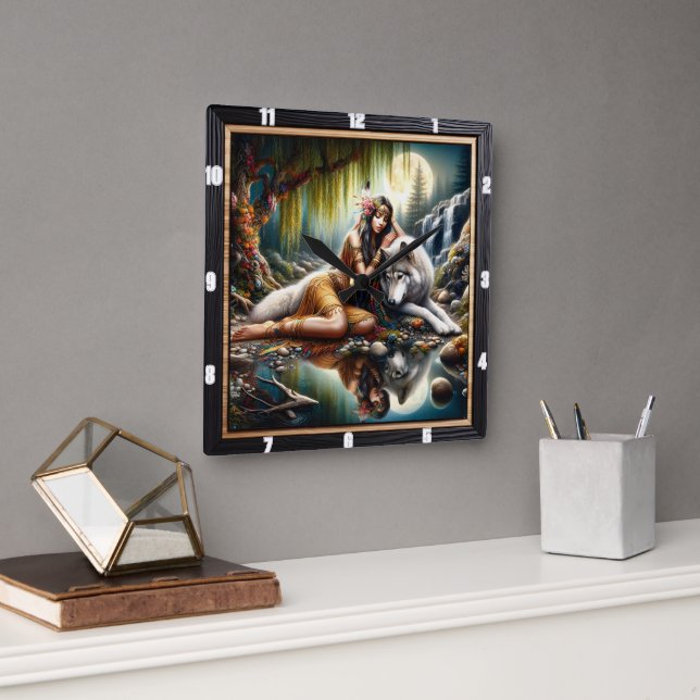 Native Wind: Willow Leaves Dance Art Square Wall Clock (Office)