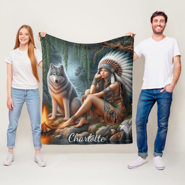 Native woman and wolf by the stream fleece blanket (In Situ)
