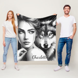 Native woman bonds with noble wolf fleece blanket