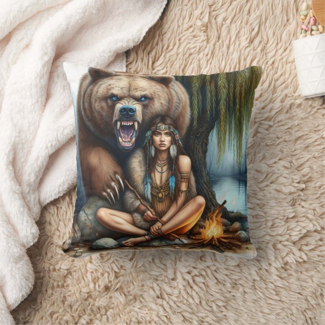 Native Woman by Campfire With Bear Throw Pillow (Blanket)