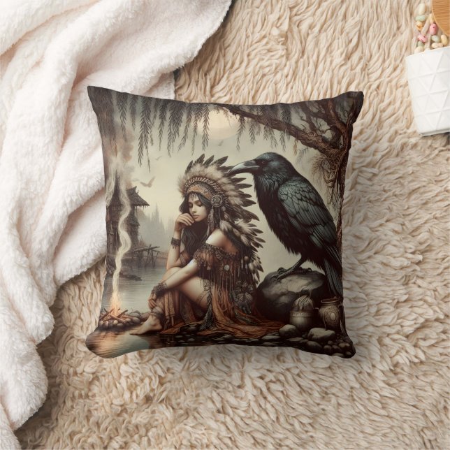 Native Woman by Water With Raven Throw Pillow (Blanket)