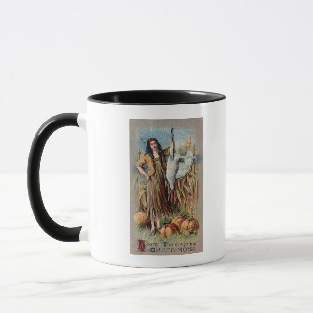 Native Woman Holding Turkey Mug (Left)