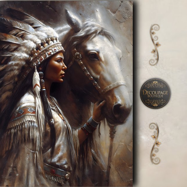 Native Woman & White Horse Headdress Decoupage Tissue Paper (Native Woman & White Horse Headdress Decoupage Tissue Paper)